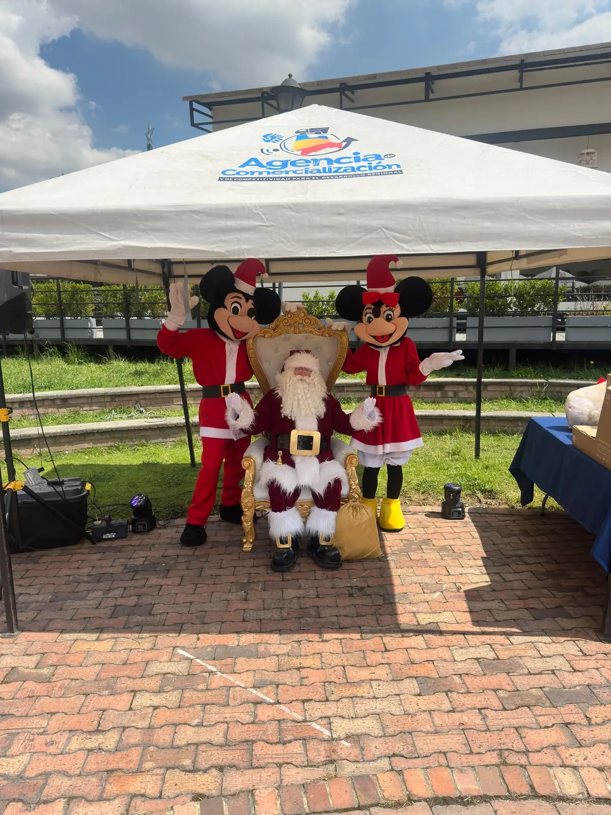 Personajes navideños en carpa para celebración empresarial